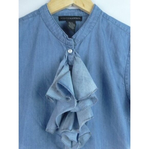Grace Elements Women's Shirt Size Medium Blue Ruffle Long Sleeve Button Down Top - Picture 2 of 9